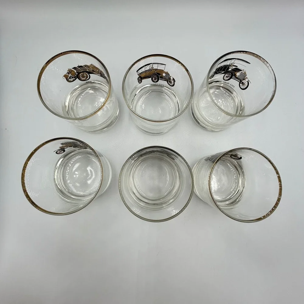Whiskey Glasses Gold Clear Vintage Classic Cars Set 6 Good